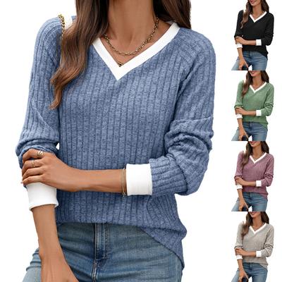 Outono Inverno Nova Cor Color Block Gola V Solta Manga Longa Pincelada Camiseta Top Para Mulheres, Atacado Transfronteiriço