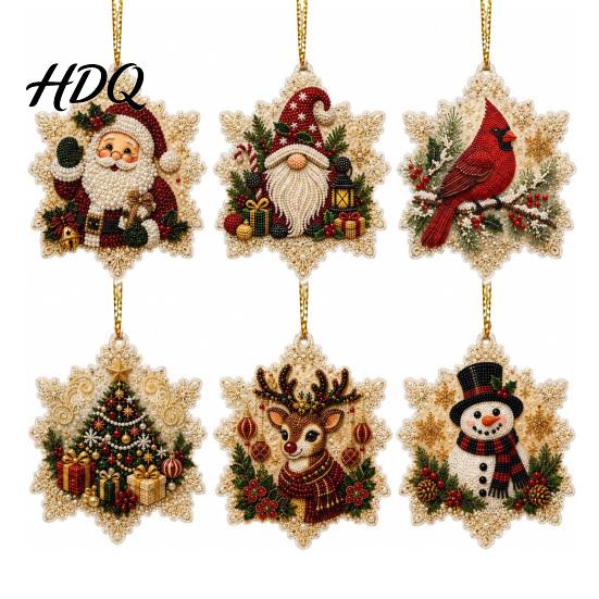 2D Acrylic Santa Ornaments 6 Pcs Christmas Pearl Art Ornaments Flat Holiday Tree Pendant Creative Effect Hanging Decoration for Home Wall