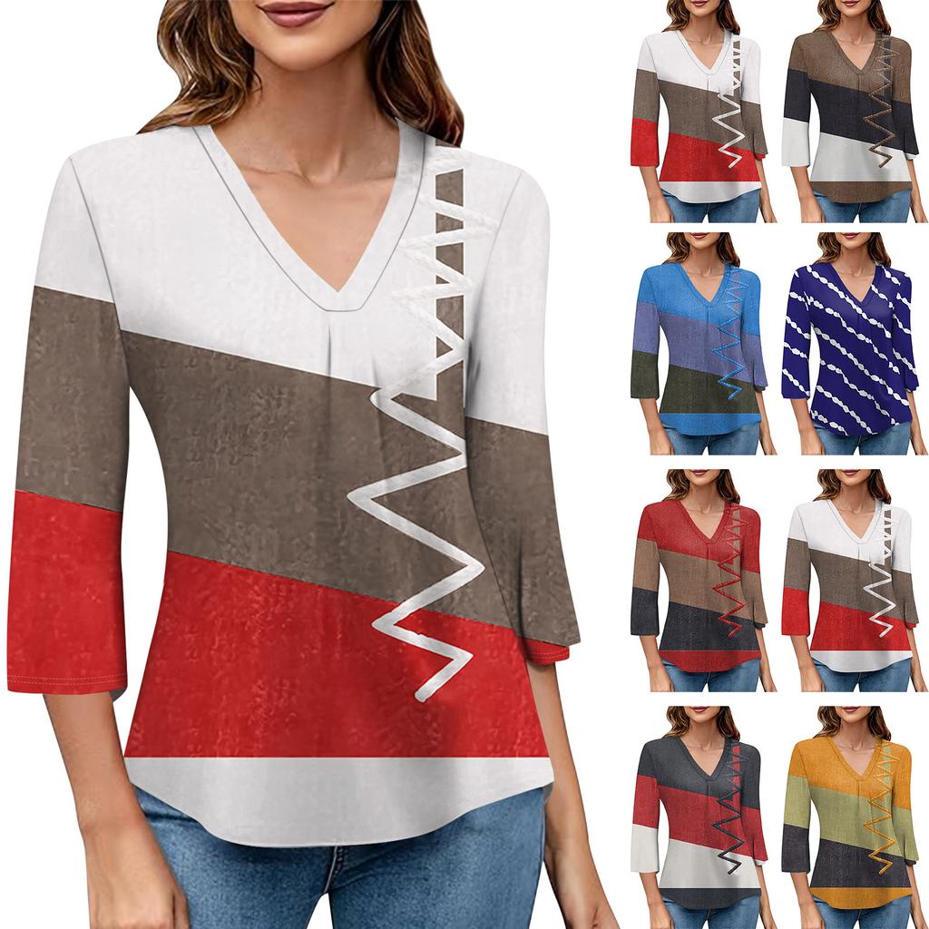 Women's V-neck Gradient Print Three-quarter Sleeve Fashion Top