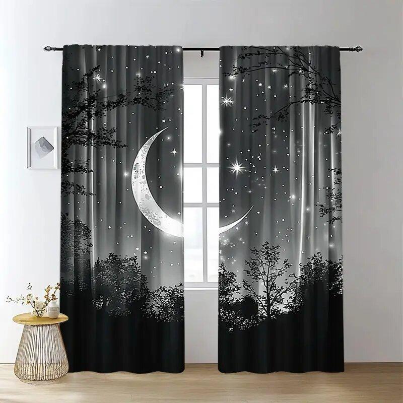 Starry Sky Moon Night Room Decorations Print Curtains Pole Bag Home Decoration Curtain Set Of 2 Made Polyester Washable
