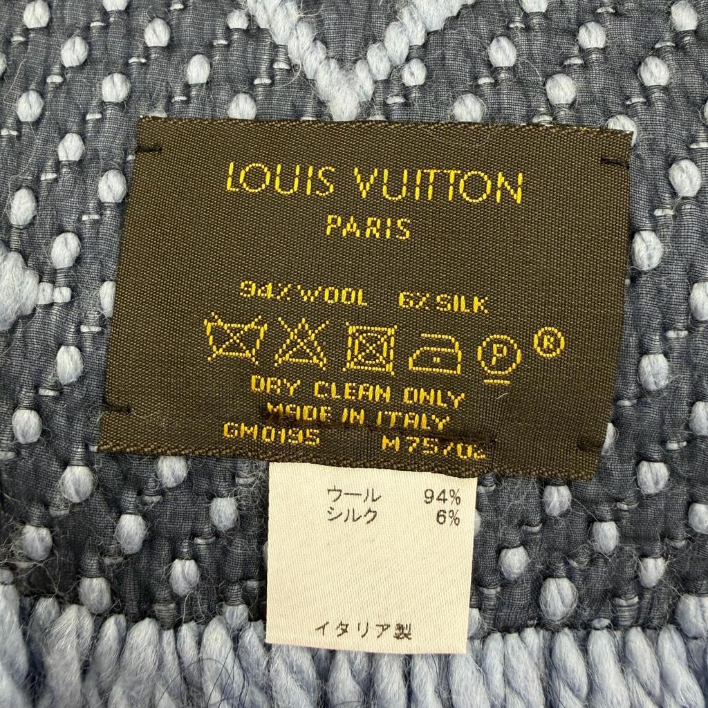Great LOUIS VUITTON Scarf Escalp Logo Mania With fringe blue wool Women M75702 Used