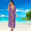 Women Summer Cover Up Dress V-Neck Short Sleeve Crochet Flower Decor See-through Bikini Cover Up Split Design Anti-UV Loose Fit Swimsuit Cover-Up