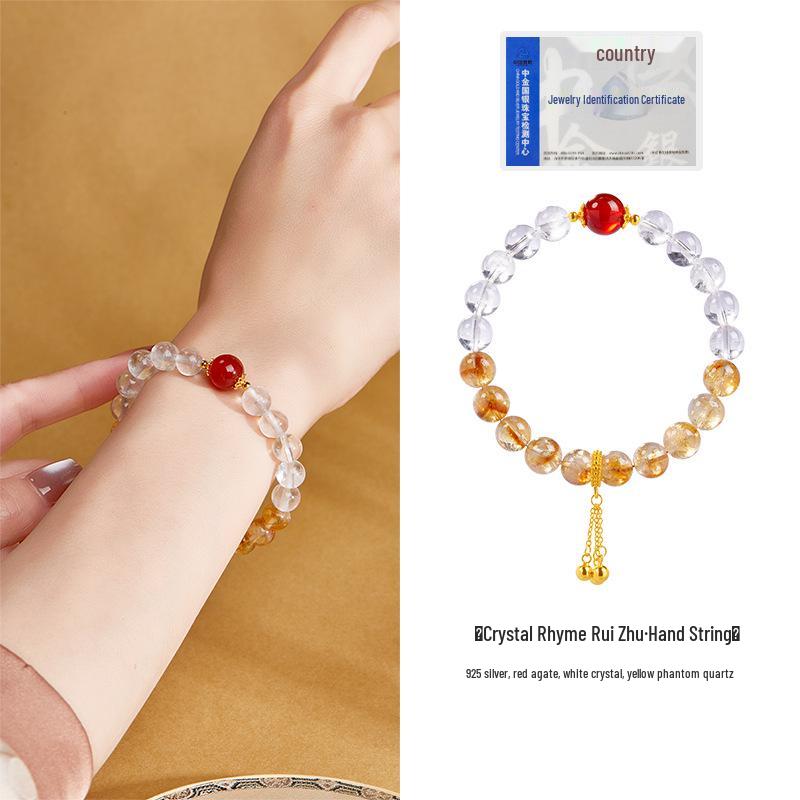 S925 Sterling Silver White Crystal, Red Agate & Yellow Phantom Quartz Women's Bracelet - Attract Love & Elegance