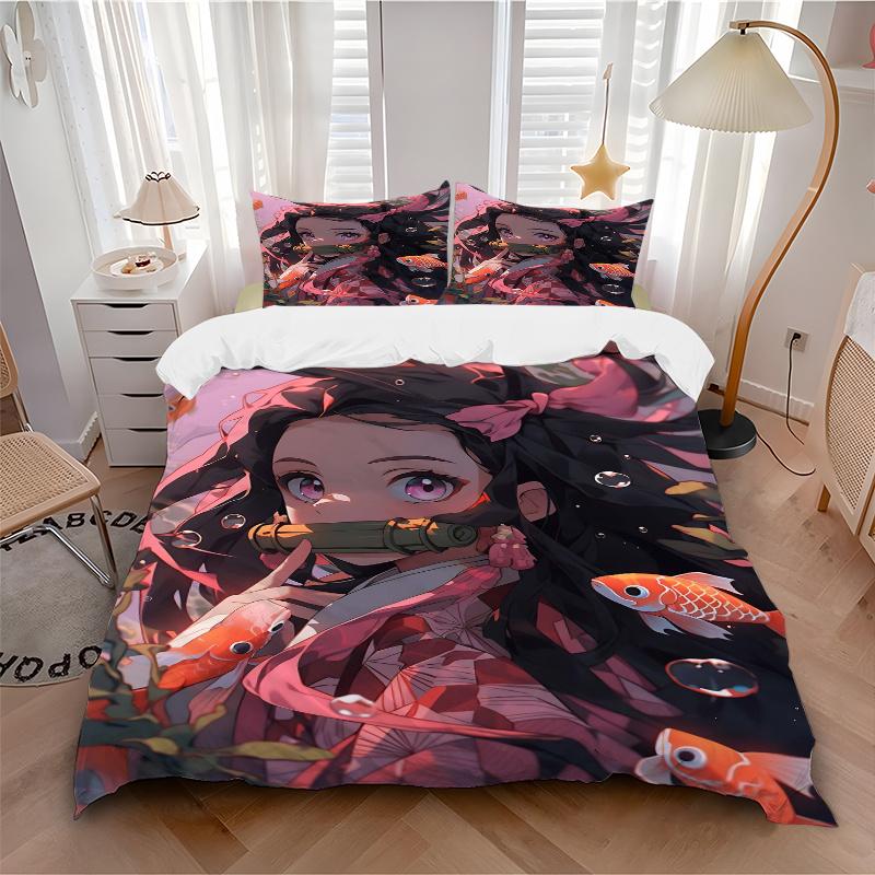 3pcs Kamado Nezuko Demon Slayer Bedding Set, Including 1 Quilt Cover and 2 Pillow Shams, Without Filling, Soft and Comfortable Home Bedroom