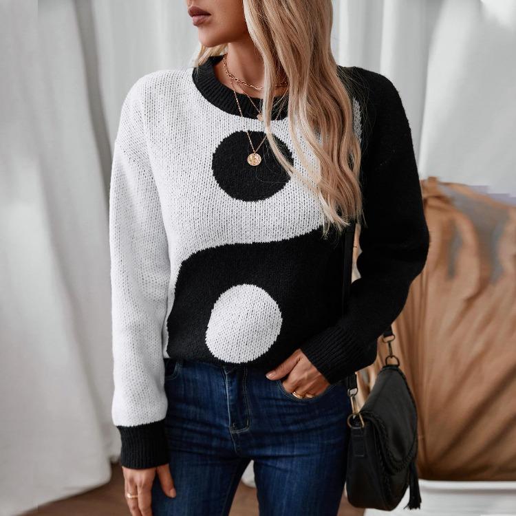 Vintage Print Loose Knitwear Cardigan Long Sleeve O-Neck Sweater Autumn Winter Top
