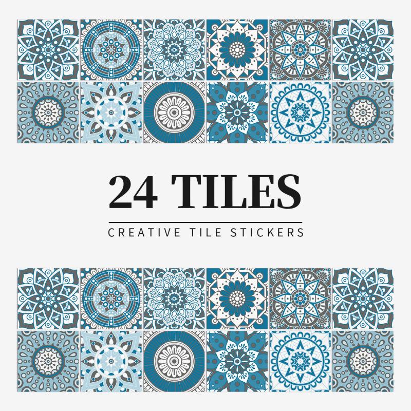 24 European Mandala Flower Tile Stickers: Waterproof, Self-Adhesive PVC for Kitchen & Bathroom Walls