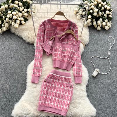 Sweet Girl Elegant Knitted 3 Piece Set Women Short Cardigan Cute Vest Mini Skirt Female Vintage High Waist Plaid Party Suit