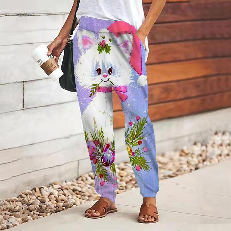 Women Cat Printing Pants Lace Up Elastic Waist Loose  Trousers Casual Long Pants Trousers with Pockets