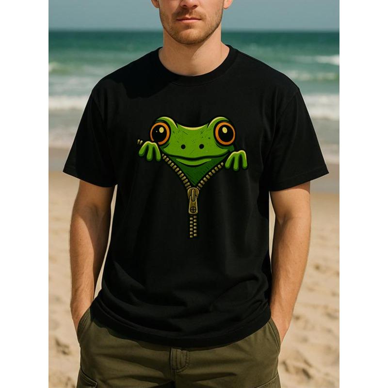 

Men s Frog Print Quick-Dry T-Shirt with Front Zipper Frog Design - Sweat-Wicking Short Sleeve Round Neck Casual Top, All-Season Comfortable Shirt 4XL