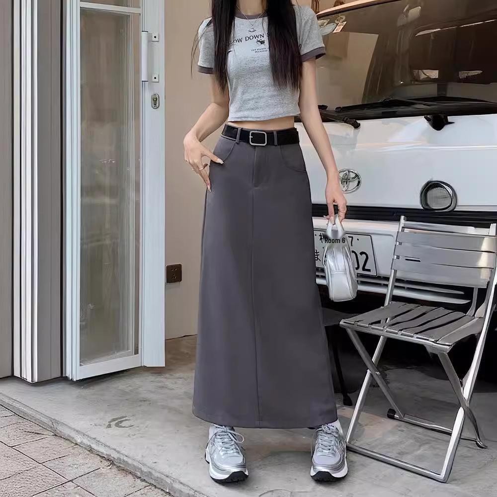 

Women s Summer A-Line High Waist Slim Skirt - Black & Gray Medium Length L