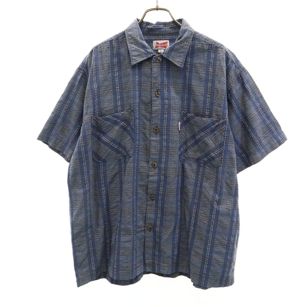 Budweiser Check Pattern Short Sleeve Shirt L Navy Seersucker Men's Used