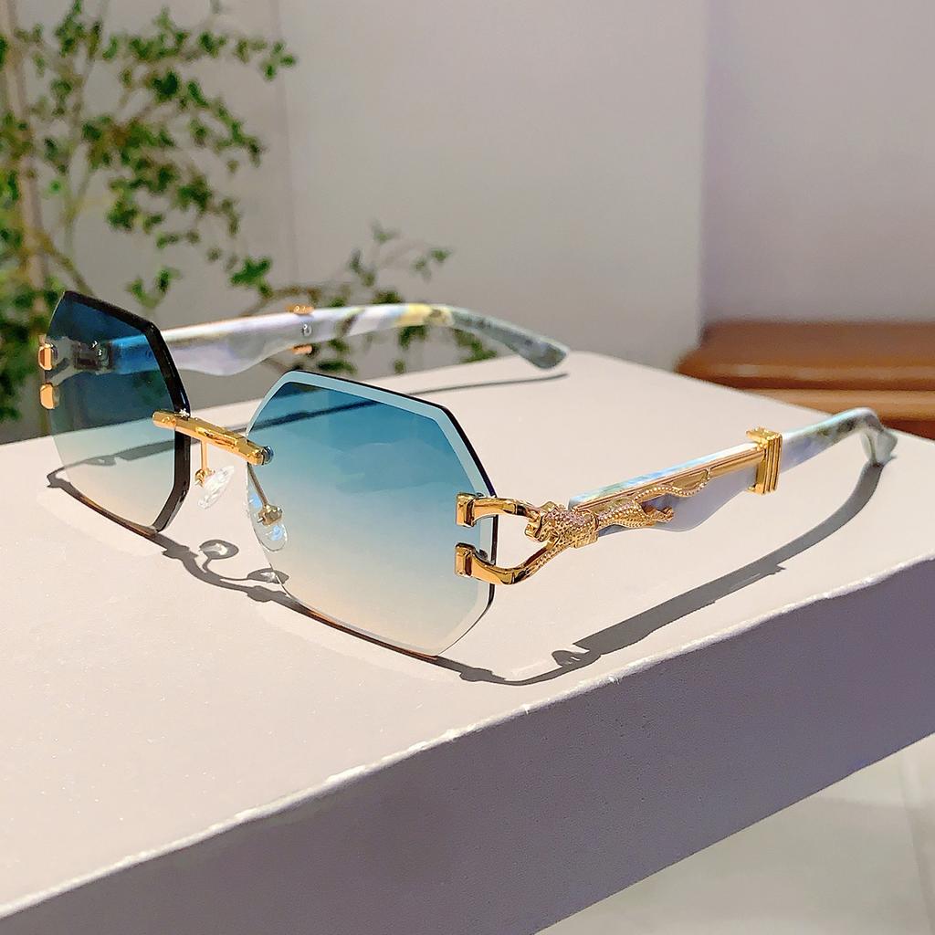Vintage Rimless Polygon Shades Luxury Brand Gradient Women's Sunglasses Fashion Leopard Decor Travelling Sun Glasses