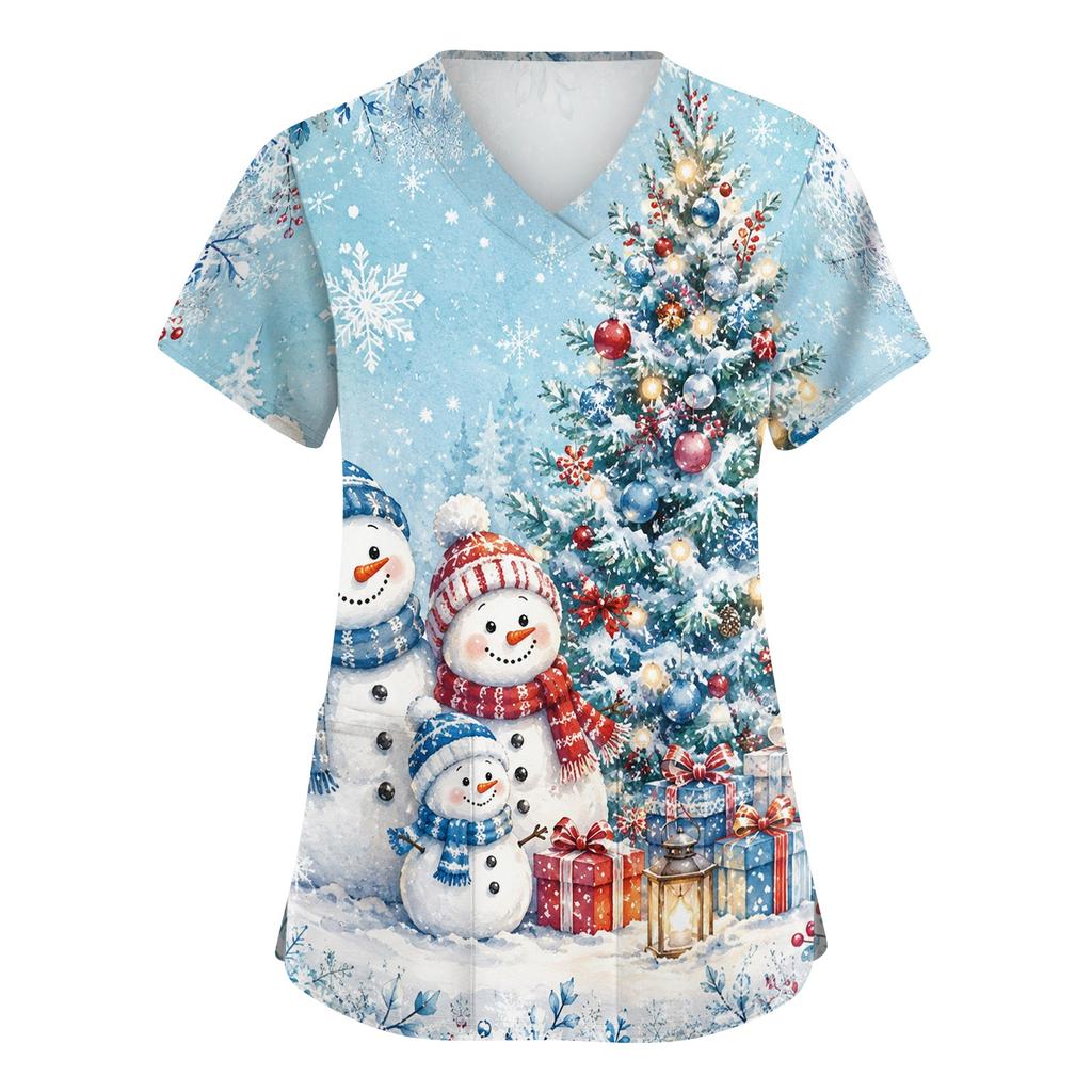 Women's V-Neck Scrub Top with Christmas Print Short Sleeve Pocket Side Slit Caregiver Uniform