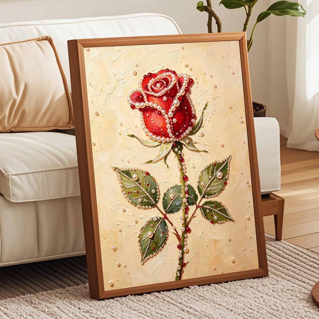 Stretched Frame Pearl Art Kit Red Rose Pattern DIY Sparkling Bead Canvas Relaxing Hobby Gift for Handicraft Enthusiasts Home Wall Decor Art Project