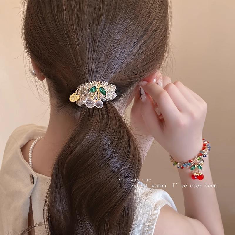 Cherry Shaped Alloy Hair Tie with Sparkling Rhinestones Convertible To Hair Rope Multifunctinal Wrist Bracelet