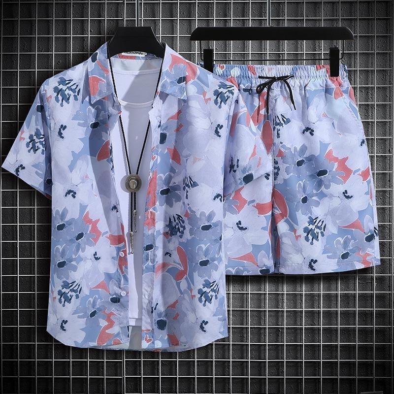 Set Camicia a Maniche Corte con Stampa Hawaiana alla Moda Uomo Abito Due Pezzi