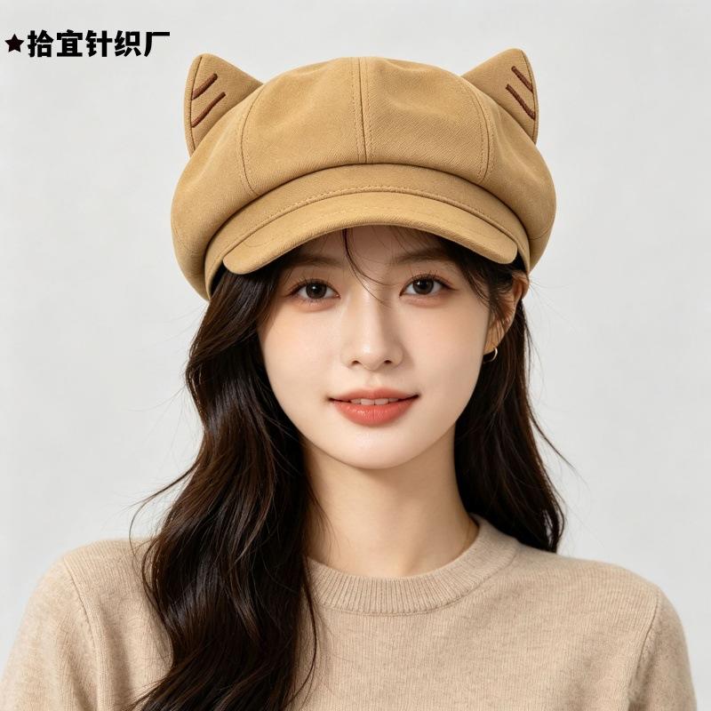 Octagonal hat women's cute cat ears show face small newsboy hat autumn and winter fashion retro painter hat beret versatile