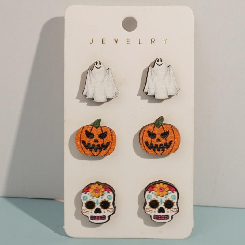 Halloween Cartoon Funny Ghost Pumpkin Kid Wooden Decorative Stud Earrings Combination Set