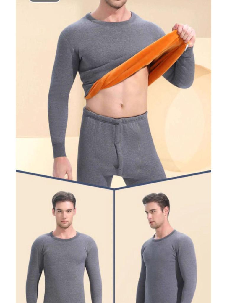 Men's Yellow Velvet Thermal Underwear Set - Warm, Slim Fit, Round Neck for Autumn and Winter