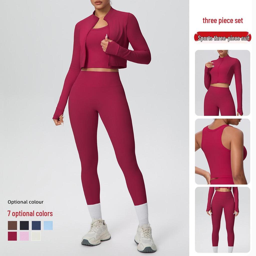 Three-Piece Yoga Set: Cross-Back Sports Tank, Zipper Jacket, High-Waisted Butt Lifting Leggings