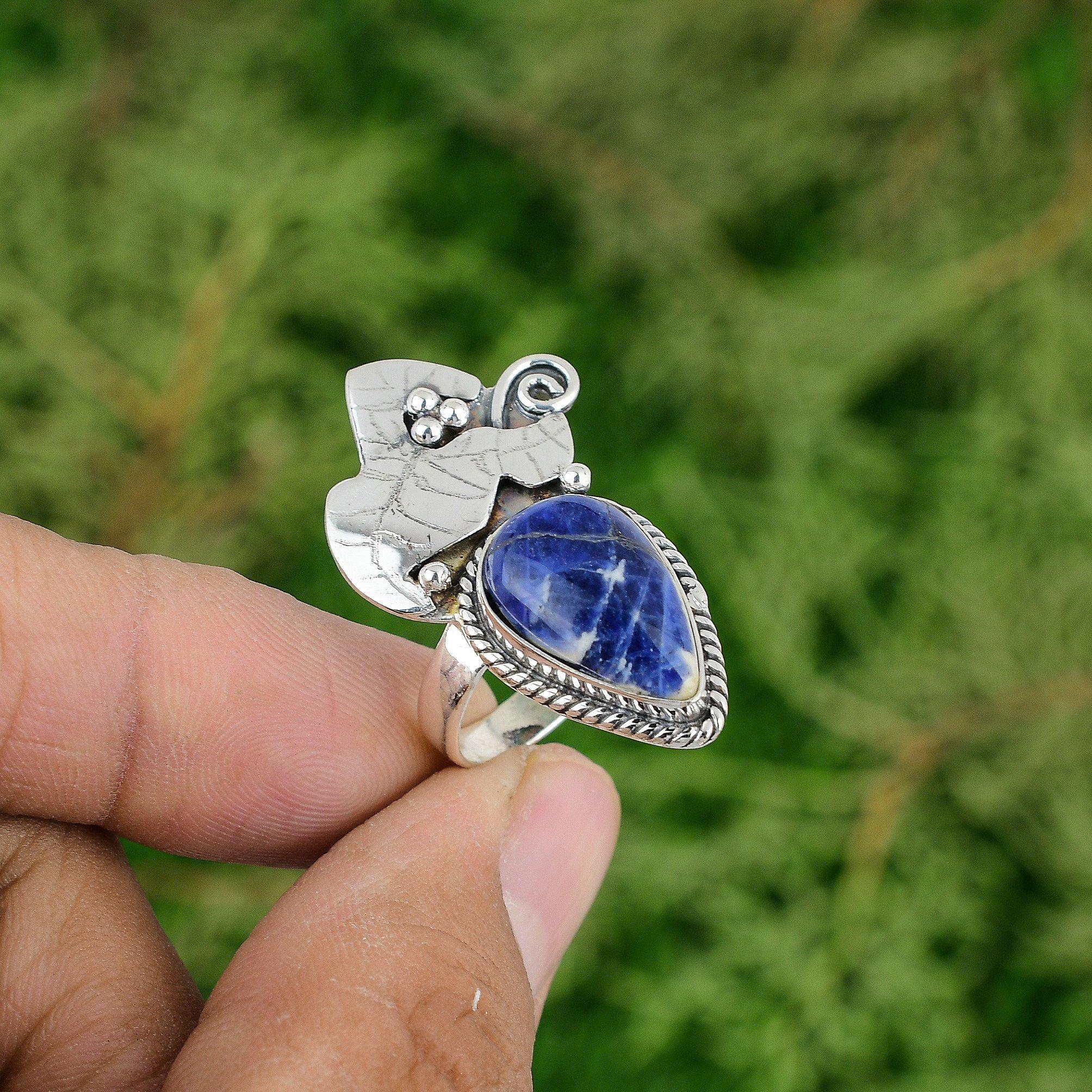 

Серебро 925 пробы Натуральный содалит Свадебное Кольцо с несколькими камнями Ювелирное изделие на годовщину Размер 7 7