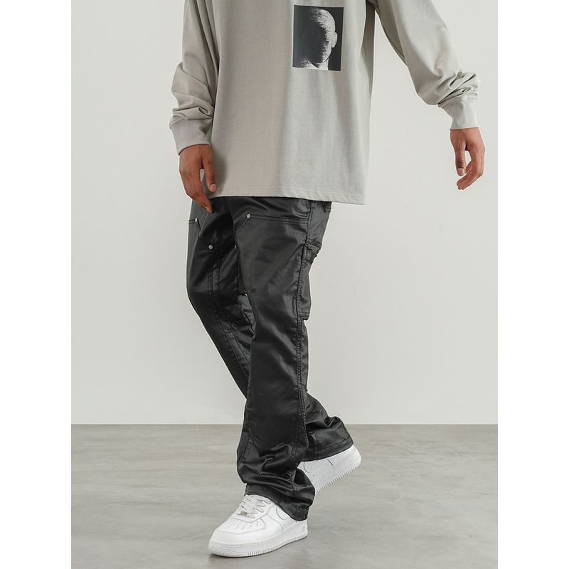 Black of Exit Heavy-Duty Patchwork Rivet Batik-Coated Micro-Flared Cargo Pants High Street Slim-Fit Long Pants for Men