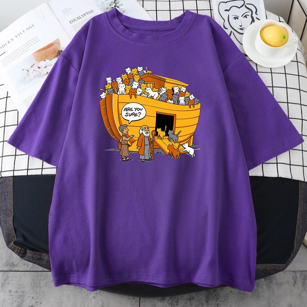 Cartoons Style Noah's Ark Cat Print Womens Tshirts Simple Oversize T-Shirts Fashion Loose Tops Soft Breathable T-Shirt for Women