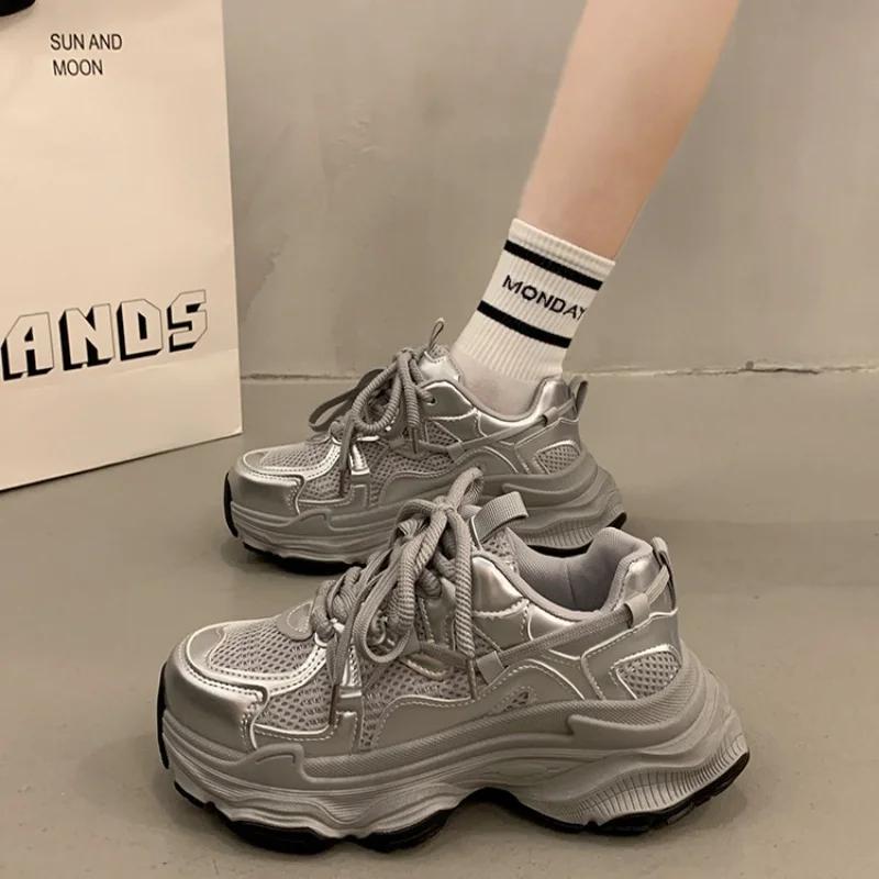 Chunky Platform Sneakers for Women Spring Thick Sole Vulcanized Shoes Woman Non Slip Mesh Breathable Casual Sports Shoes