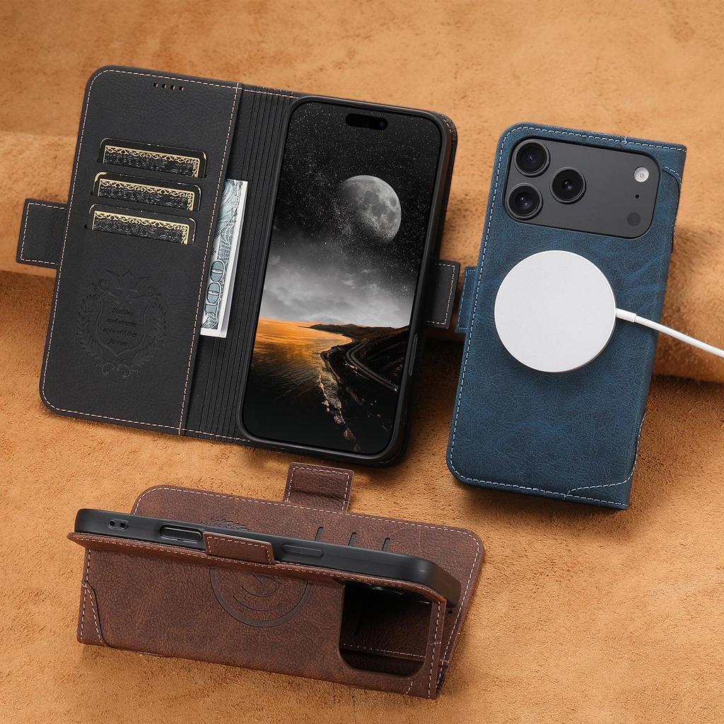 iPhone 17 Pro Flip Case with MagSafe, Card Slot, Wireless Charging, Stand, and Protective Leather Design