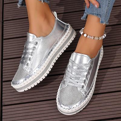 Large Size Foreign Trade Women's Casual Shoes Thick-soled Diamond-encrusted Lace-up Thick-soled Single Shoes Female Manufacturer