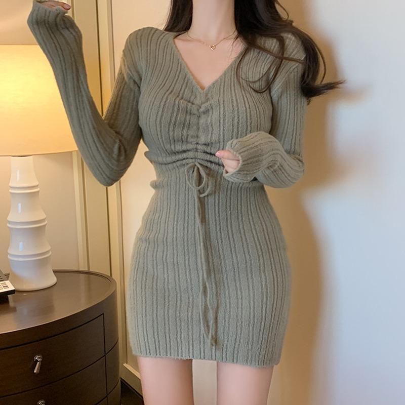 

Вязаное платье Женское платье Длинные рукава Приталенное Облегающее Бедра Вставка One Size