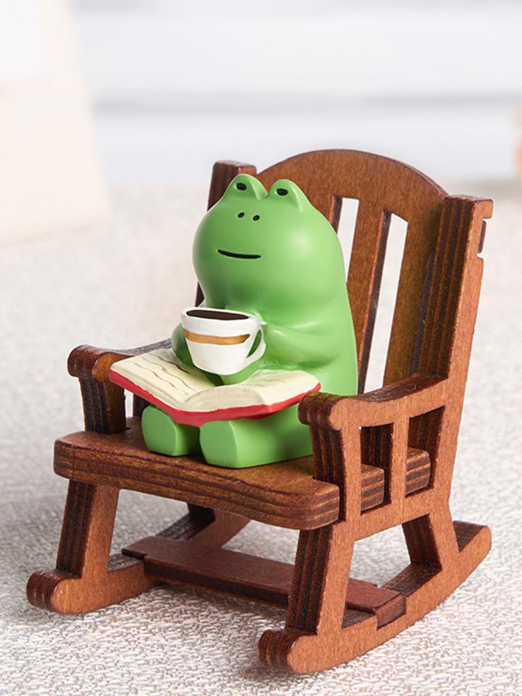 Handmade DIY Micro Rocking Chair Miniatures Figurines Frog Rocking Chair Design with Book Coffee Home Office Decor Car Ornament
