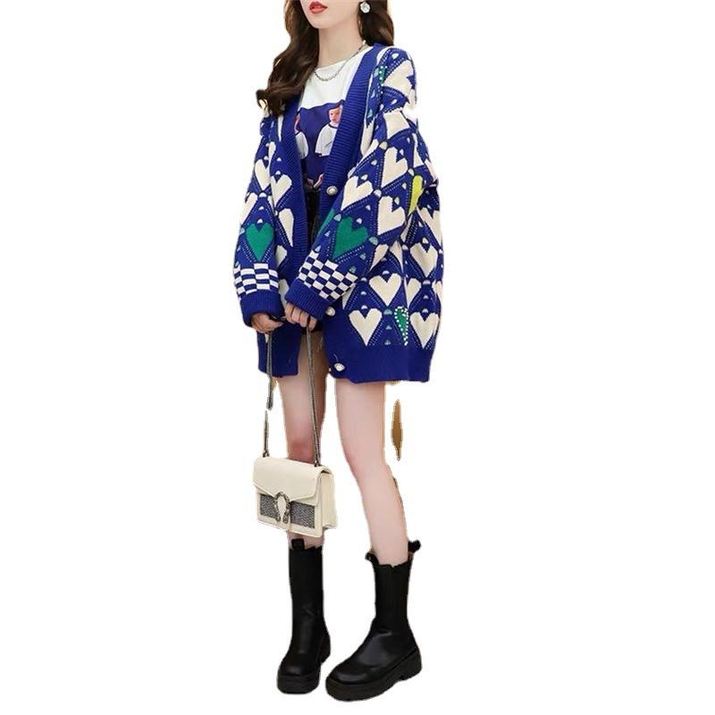 New Spring Autumn Sweet Sweater Cardigans Women V Neck Heart Printing Knitwear Single Breasted Casual Knit Cardigan
