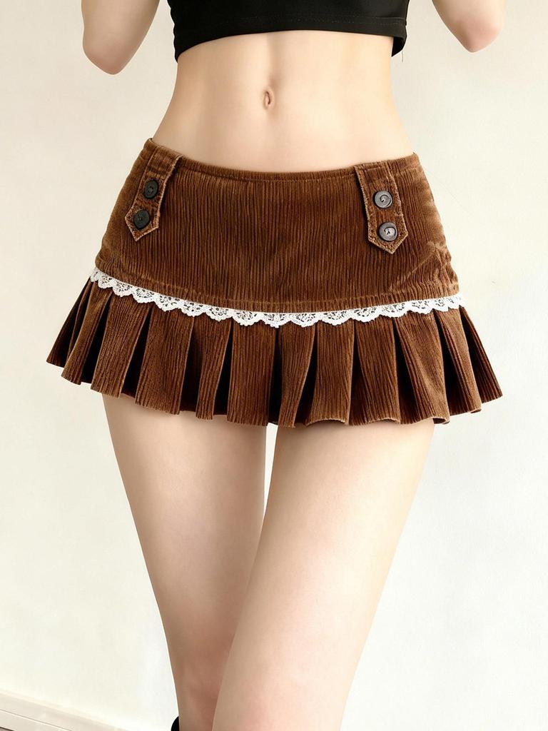 European Retro Slimming Corduroy Lace Pleated Mini Skirt for Women