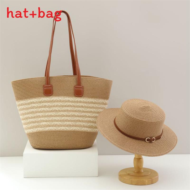 Woven Sun Hat And Large Capacity Straw Tote With Striped Pattern For Travel And Casual Wear
