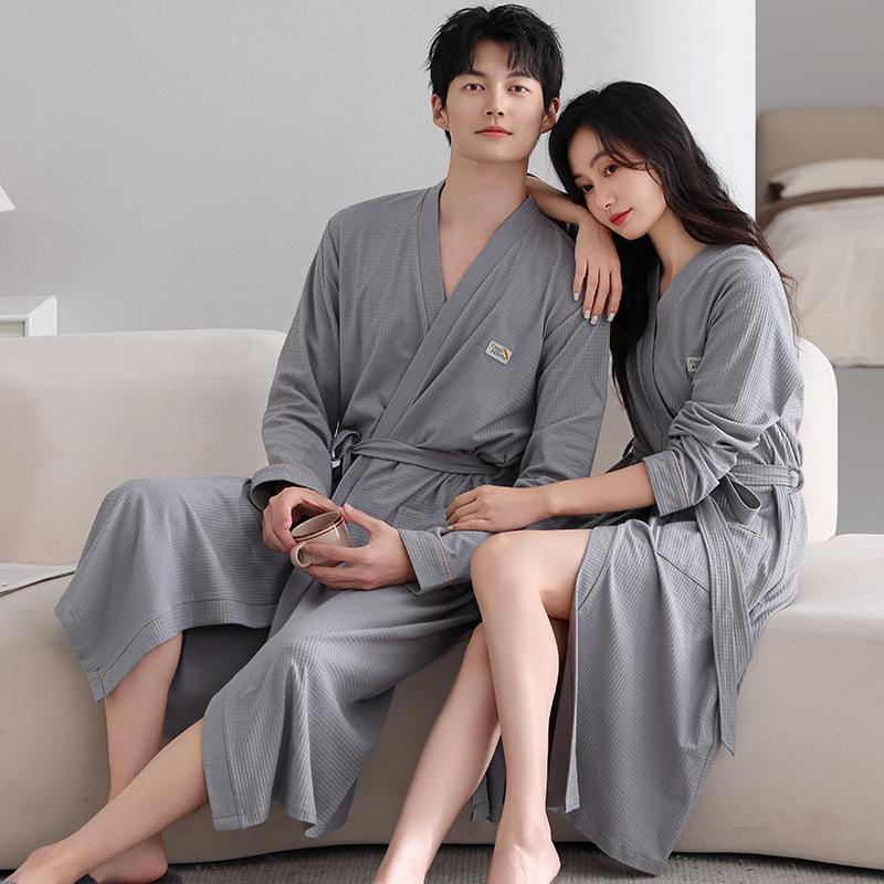 Couple Nightgown Spring And Autumn Pure Cotton Long-Sleeved Men'S And Women'S Bathrobes Medium And Long Pajamas Couple Outfit
