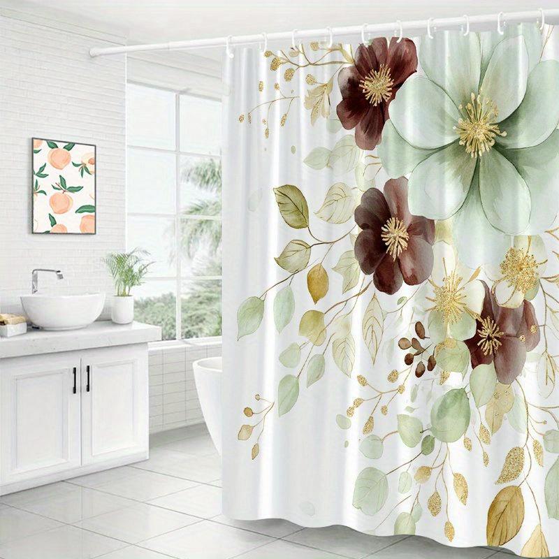 1pc Elegant Watercolor Floral Shower Curtain-with Gold Accents Intricate Petal and Leaf Design Machine Washable Polyester Fabric