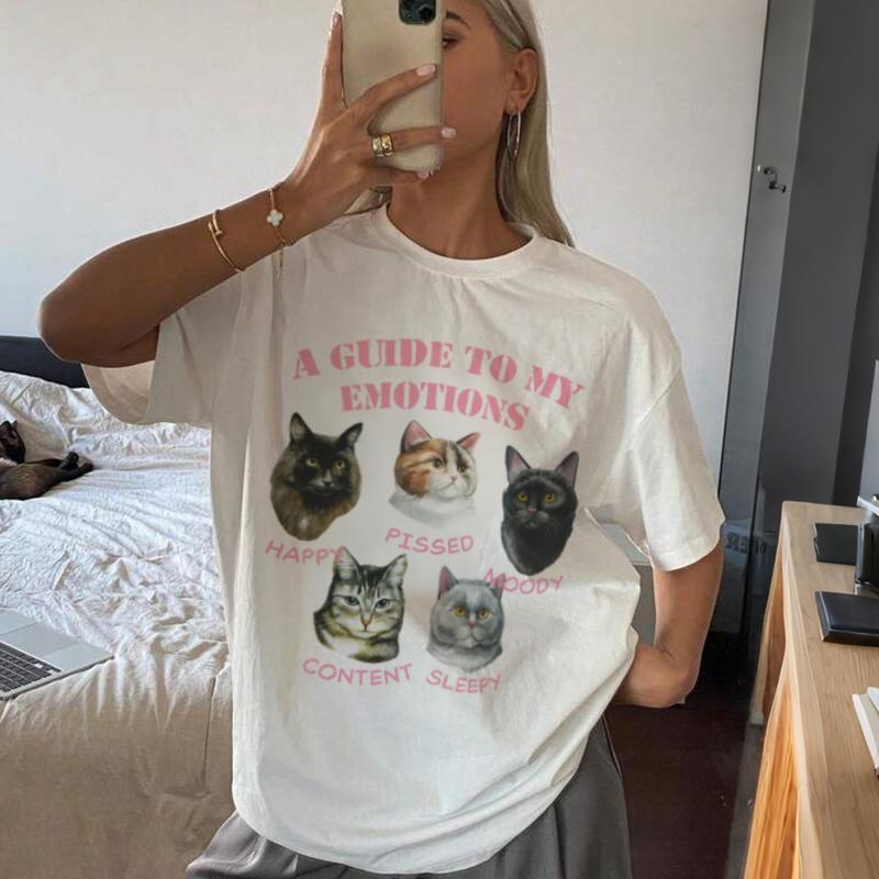 

Cute Kitten Graphic Tees Oversized Vintage Cat Lover TShirts Kawaii Funny Kitty Print T Shirt Cotton Women Y2k Aesthetic Tops S