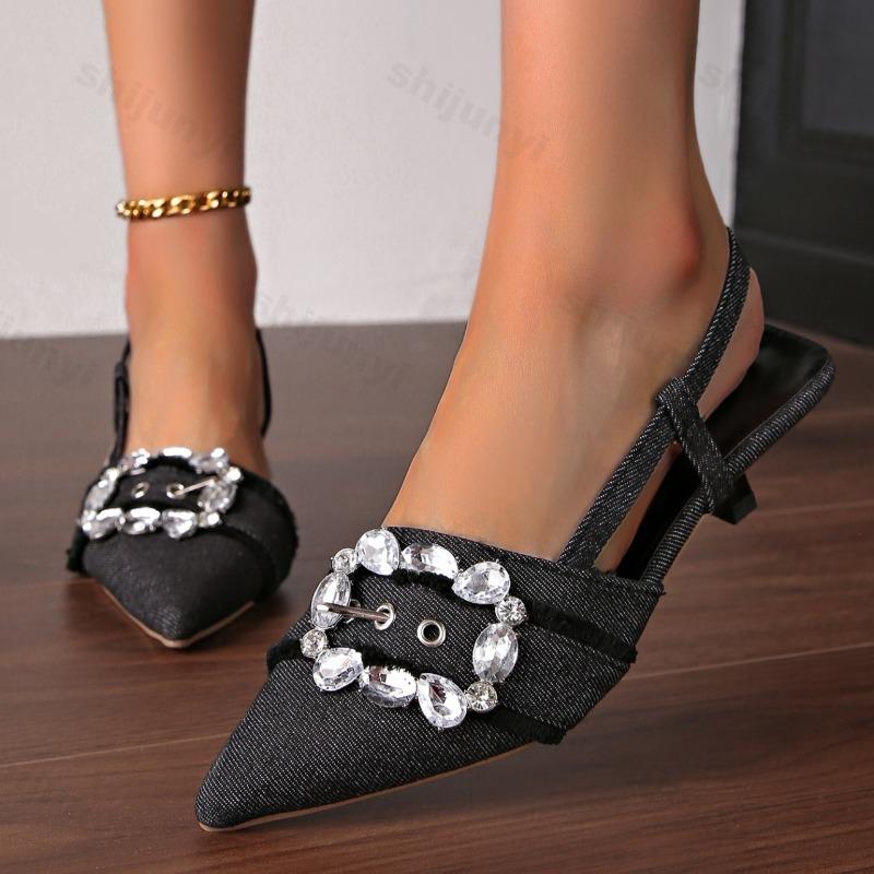 Fashion 2025 Summer High Heel Fashion Versatile Pointed Denim Rhinestone Design Square Buckle Decoration Shallow Mouth Slim Heel Sandals