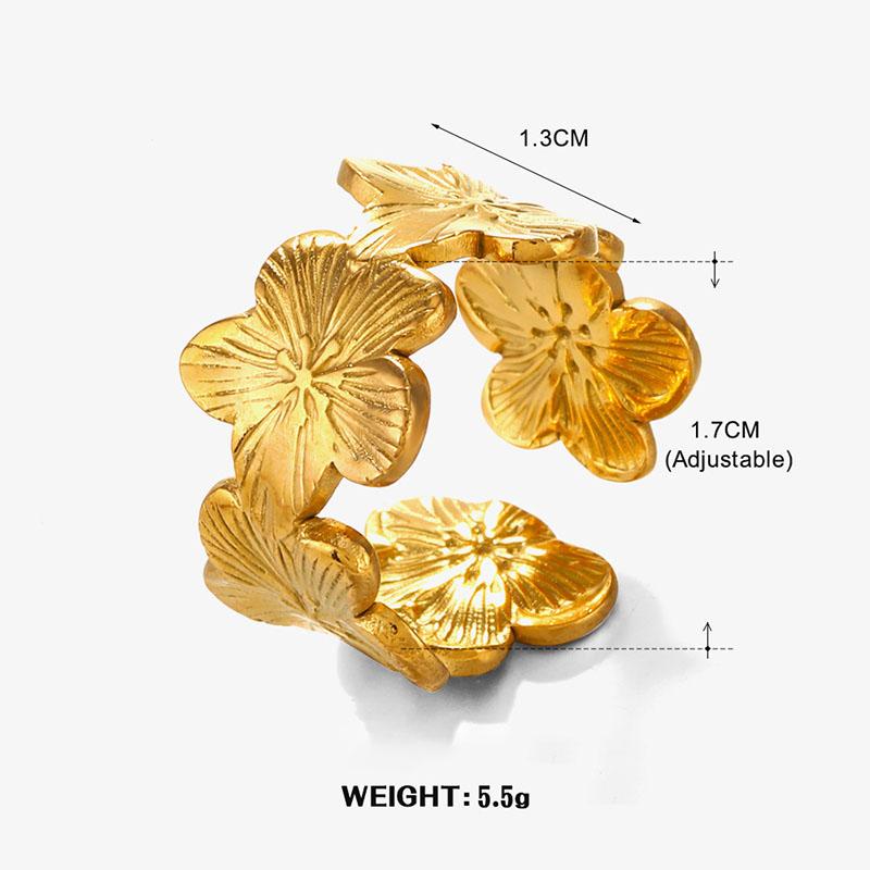 Stainless Steel Flower Adjustable Opening Rings Golden Plated Waterproof Finger Jewelry For Women Wedding Exquisite Gifts