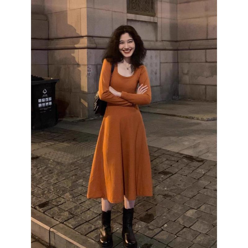 

[] Autumn new long-sleeved slim-fit dress retro high-end temperament slim skirt S оранжевый
