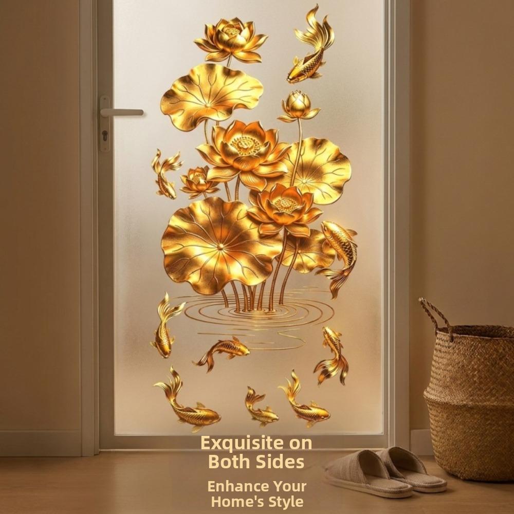 Anti-static Flower Koi Sticker Plastic 3D Effect Golden Lotus Wall Sticker Chinese Style Decorative Sticker