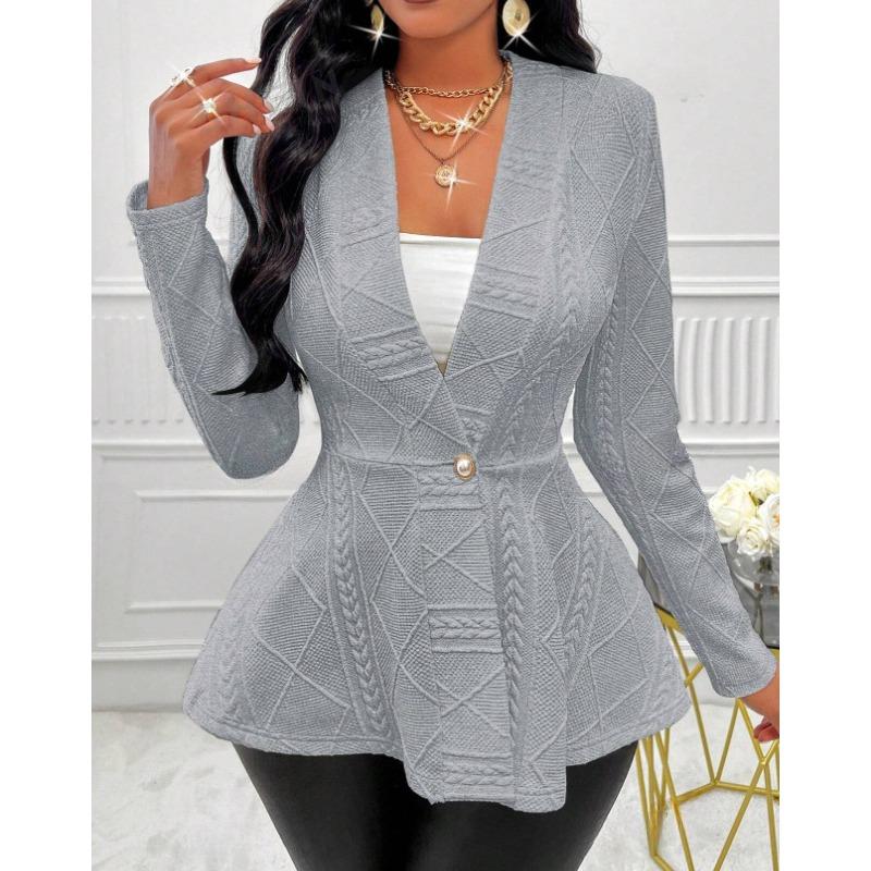 Spring Autumn Winter Women's Fashion Casual Solid Color Printed Jacket Coat with Long Sleeve V-neck
