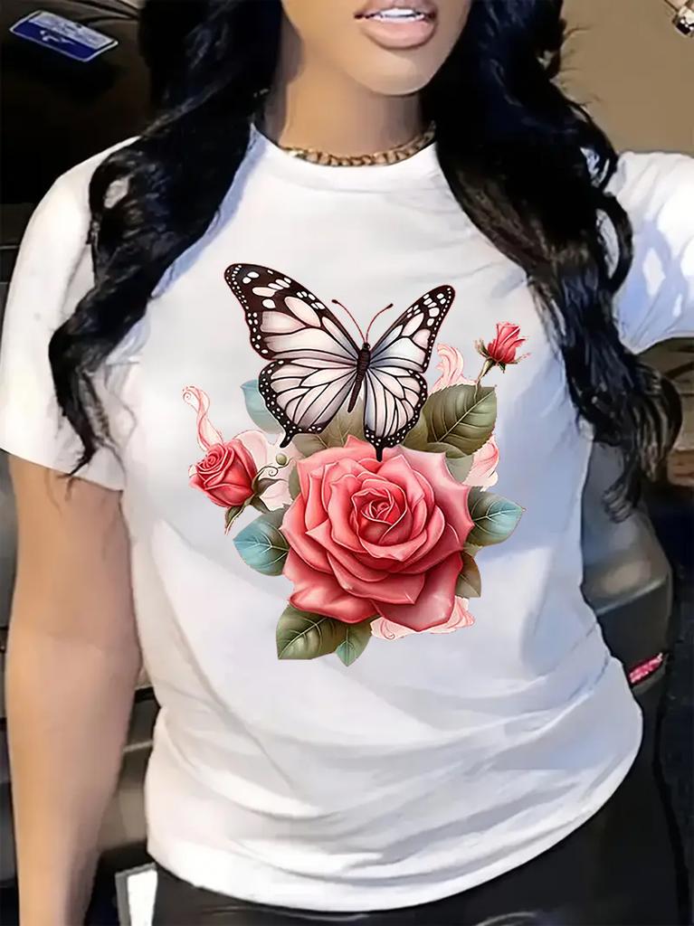 Butterfly Rose Print Women's T-Shirt Casual Round Neck Short Sleeve Tee for Summer Women Daily Casual Tops Clothing