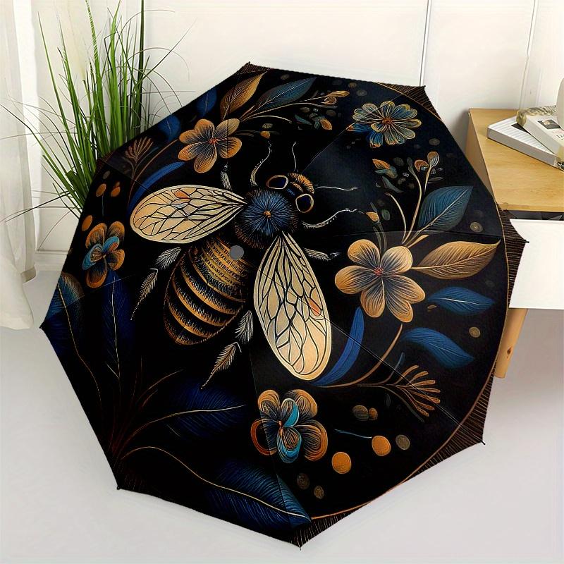 

Golden Bee and Floral Mandala Wall Art Decor Umbrella, Portable 3-Fold Compact Umbrella for Men and Women, Valentine s Day Mo