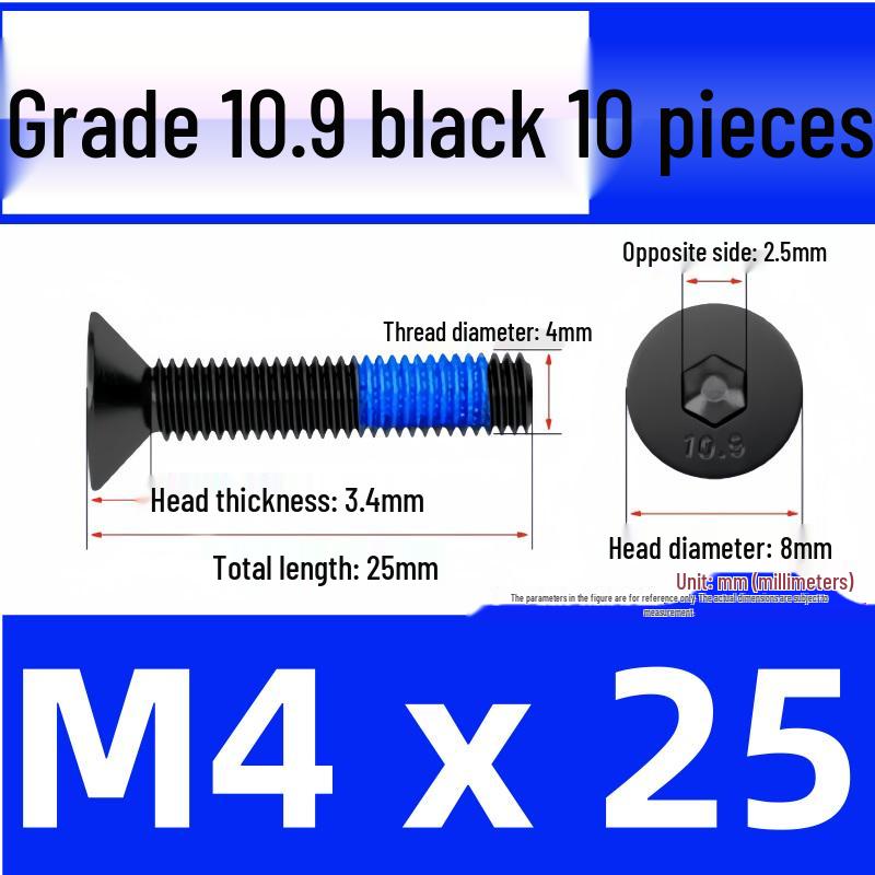 Black Anti-Slip Flat Cup Screw with Adhesive Blue Glue, Countersunk Hexagon Socket, Available in M2-M8 Sizes