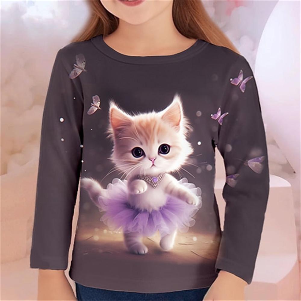 2025 Autumn Children 's Clothing For Girls Animal Cat T Shirt Long Sleeve 3d Print Spring Kids 3-12 Years Clothes Cute Tee Tops