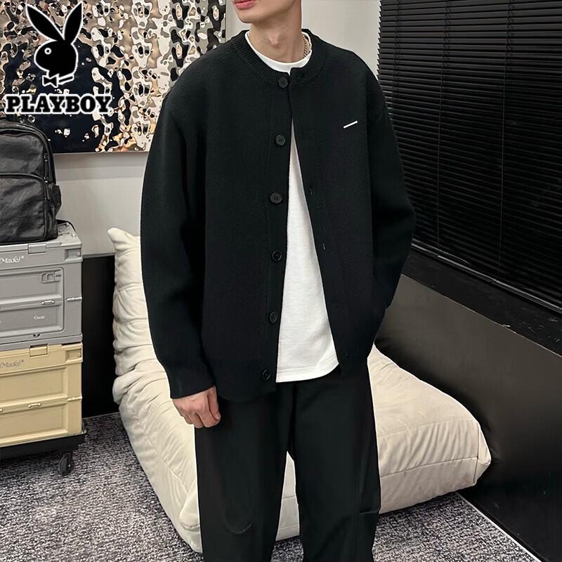 PLAYBOY Unisex Chunky Knit Baseball Collar Cardigan Sweater