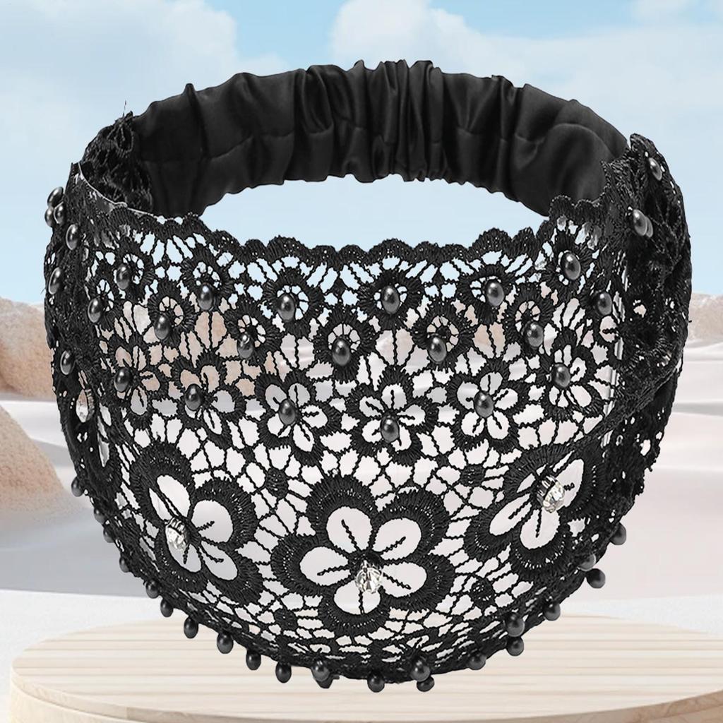 Lace Headband Wide Floral Pearl Lace Elastic Headbands Hair Accessories for Women Girls Stylish Hair Scarf for Yoga Gym Sports