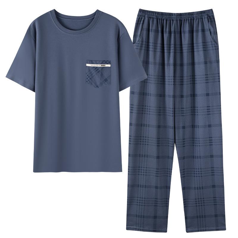 Pure cotton pajamas men's summer thin 1011 new short-sleeved trousers loose large size can be worn outside loungewear suit